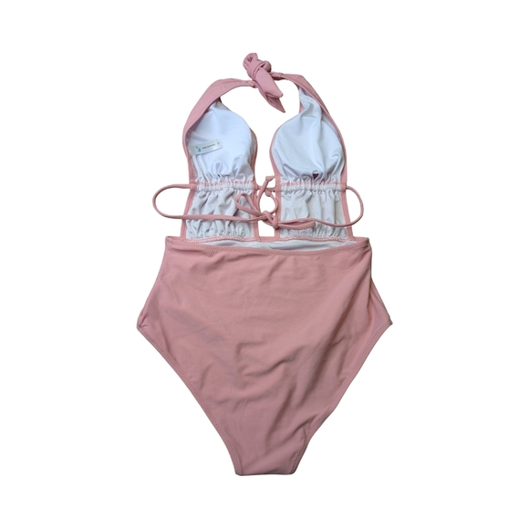 Trikini Ruched Halter One Piece Lilac Pink Swimsuit Tie Back Beachsissi Size S - Picture 3 of 8